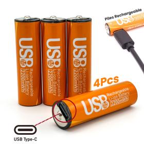 Pack de 4 Piles Rechargeables USB Type-C – AA 1.5V 2200 mAh – علبة من 4 بطاريات قابلة للشحن