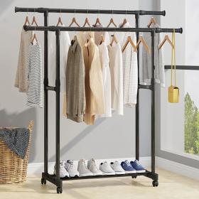 Penderie Mobile Double Barres Extensible Hauteur réglable avec 4 Roulettes 